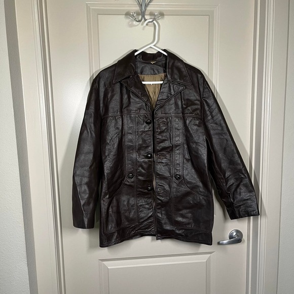Vintage 90's Dark Brown Button Down Leather Jacket Size XL - Picture 1 of 2